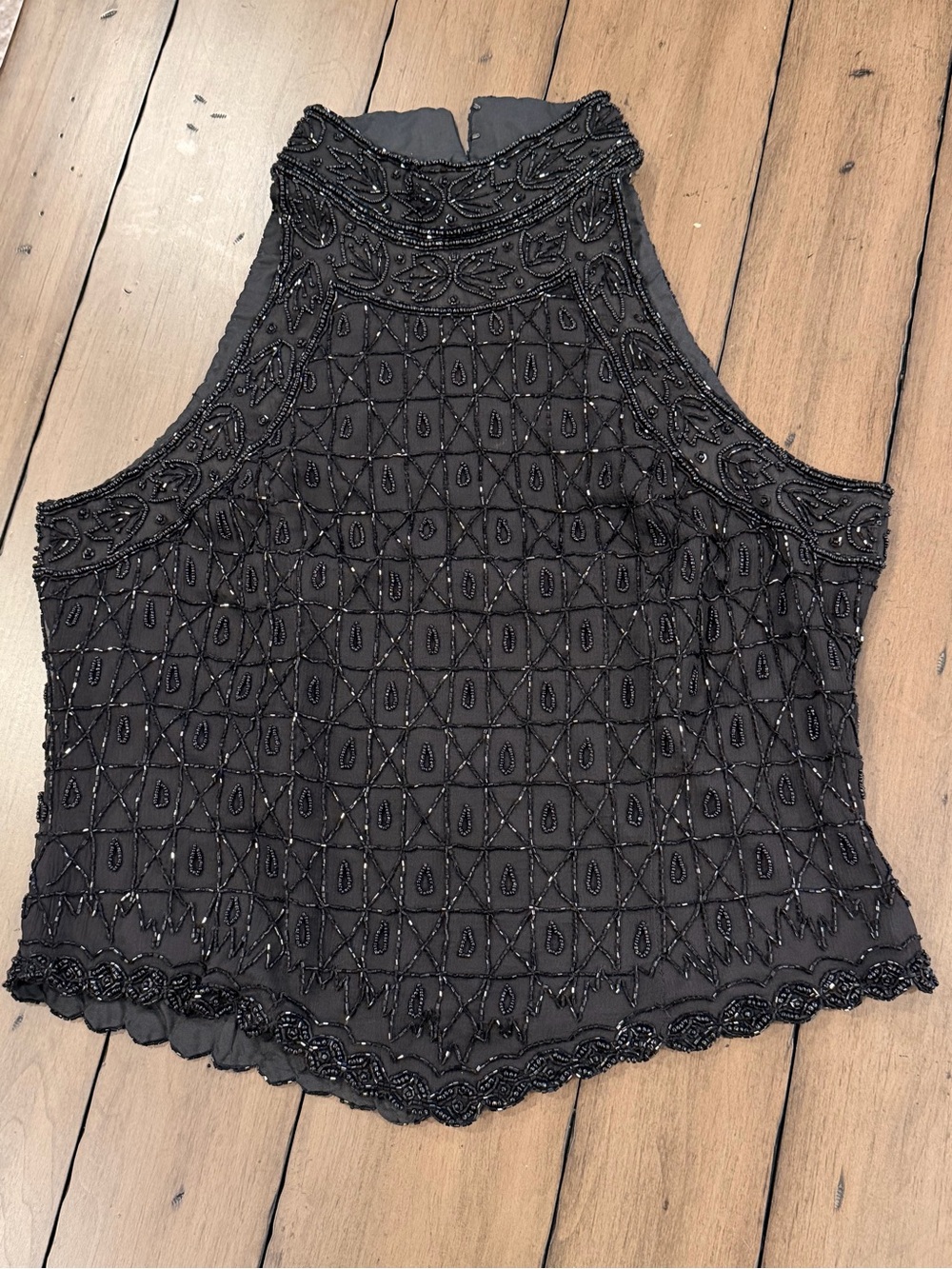 Cote d’Azur Evening Black Beaded Silk Halter Style Top Size L #GA7